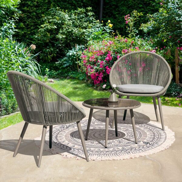 Ekra Me 3 Piece Patio Table Set Outdoor All Weather Woven Rope Patio Conversation Bistro Set With Cushions For Terrace Cafe, Restaurant, Deck, Backyard, Dark Gray/Black